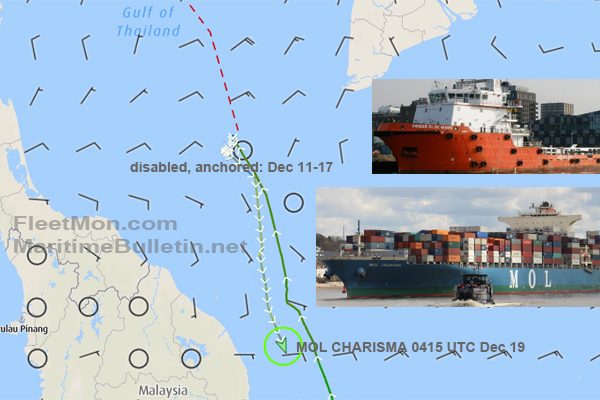 Troubled 8,100-TEU MOL Charisma under tow in Gulf of Siam